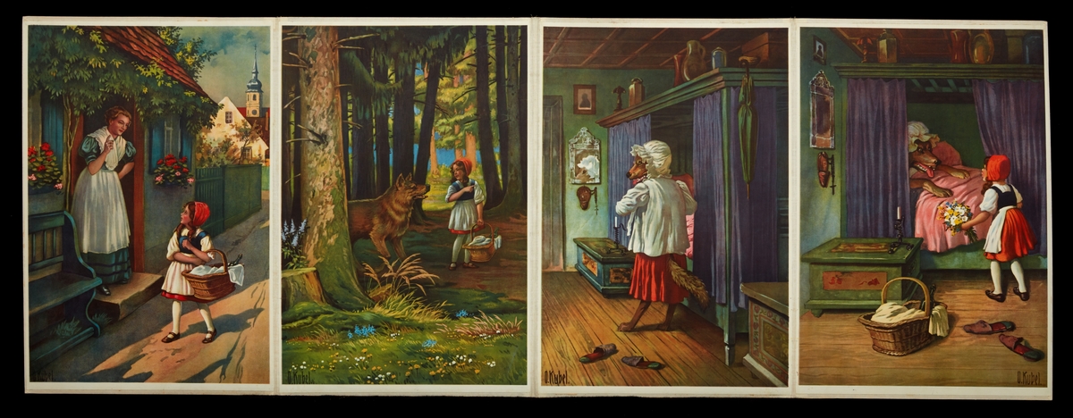 Fem stycken uppsättningar med planscher monterade på pärmar. Motiv från klassiska barnsagor.
Rödluvan, Askungen, Hans & Greta, Snövit samt Mästerkatten i stövlar.