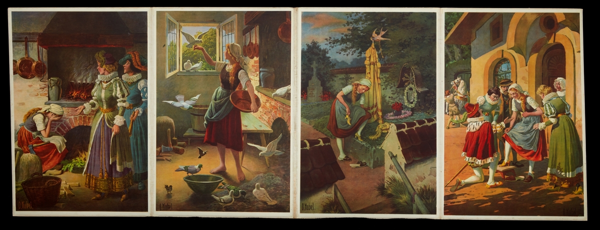 Fem stycken uppsättningar med planscher monterade på pärmar. Motiv från klassiska barnsagor.
Rödluvan, Askungen, Hans & Greta, Snövit samt Mästerkatten i stövlar.