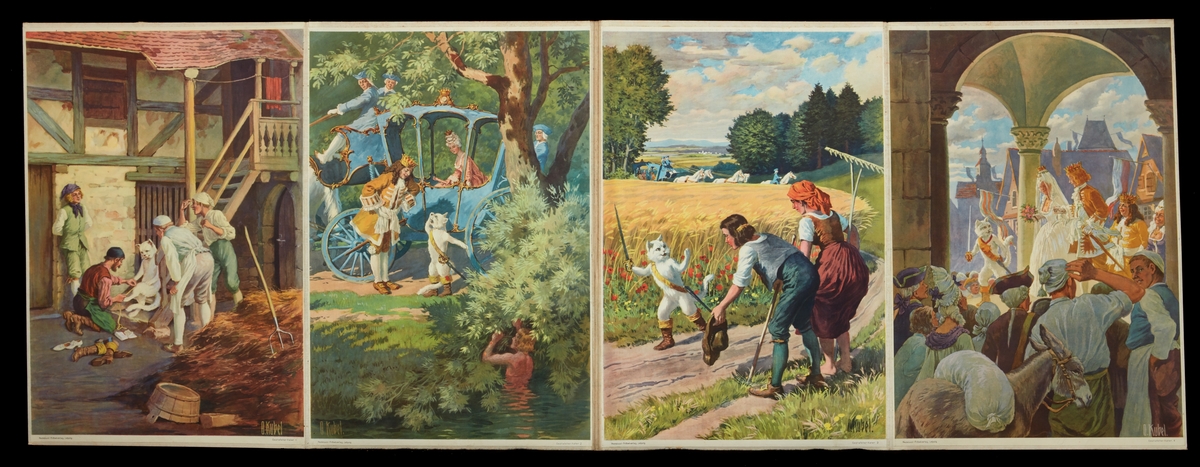 Fem stycken uppsättningar med planscher monterade på pärmar. Motiv från klassiska barnsagor.
Rödluvan, Askungen, Hans & Greta, Snövit samt Mästerkatten i stövlar.