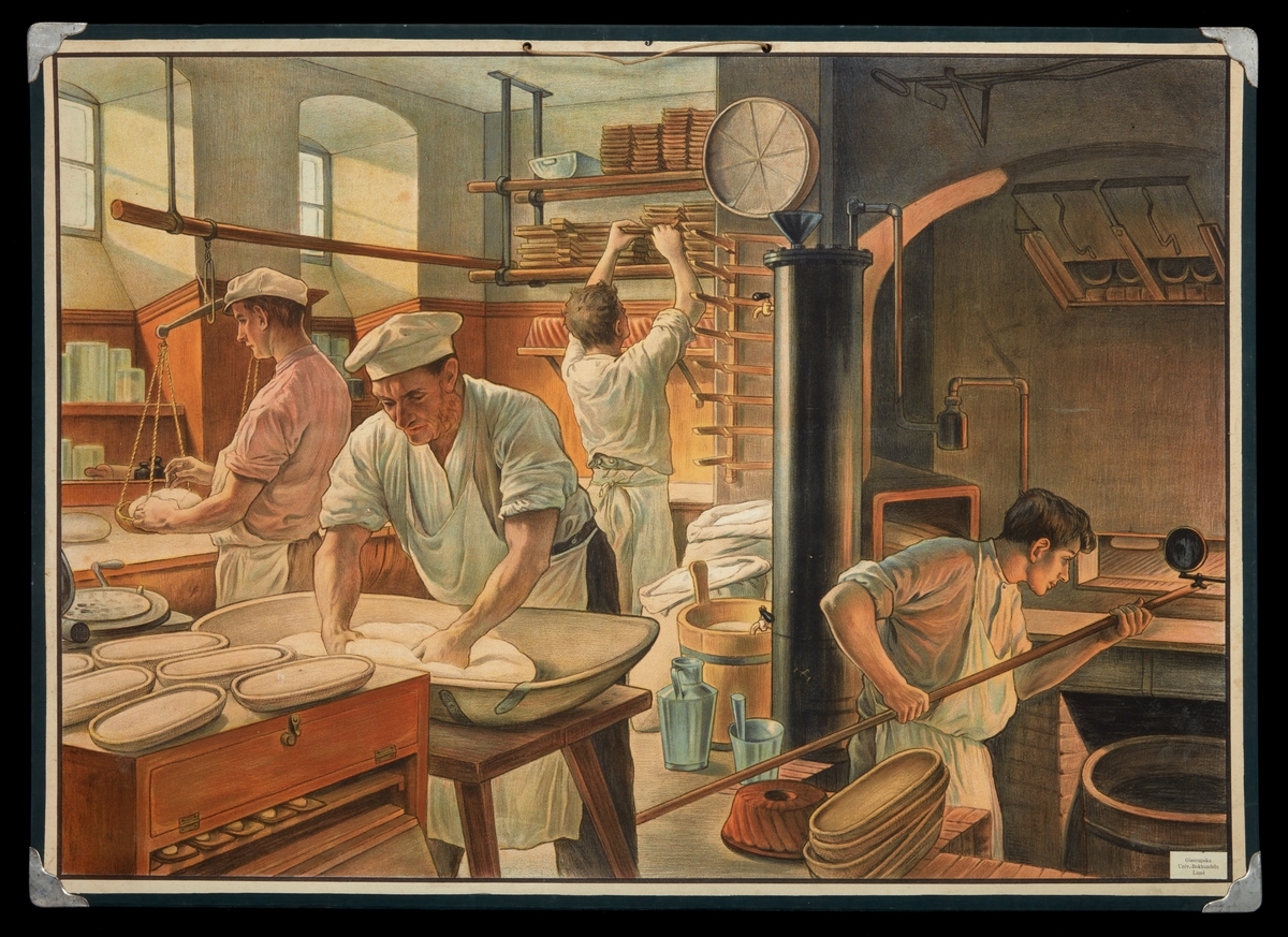 5 skolplancher som illustrerar olika yrkesgrupper: skräddare, skomakare, smeder, bagare resp. snickare.
Gleerupska Univ. Bokhandeln, Lund