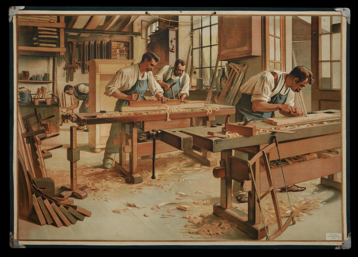 5 skolplancher som illustrerar olika yrkesgrupper: skräddare, skomakare, smeder, bagare resp. snickare.
Gleerupska Univ. Bokhandeln, Lund