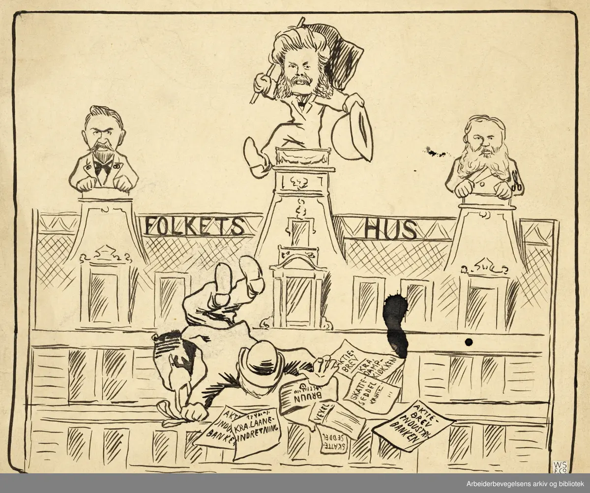 Tegning av Otto Hjort for Hvepsen, 1906. "Skjæbnens ironi." Forretningsfører for Folkets Hus, Bernhard Bergendahl: "Hurra Solidariteten leve!" Sagfører Bruun: (Grædende): " Og jeg, som svor saa dyrt, at socialisterne aldrig skulde faa en tomme af denne eiendom!" Til høyre: Hans Jensen, LOs første formann og formann i De samvirkende Fagforeninger i Oslo.