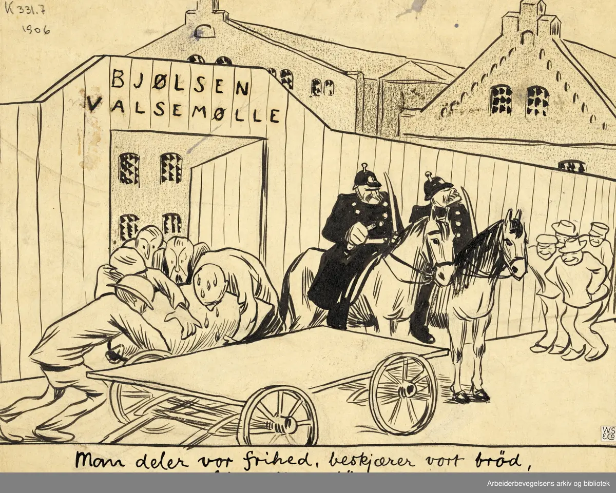 Tegning av Otto Hjort i Hvepsen, 10. mars 1906. Kommentar til en situasjon ved Bjølsen Valsemølle hvor ridende politi beskytter streikebrytere. Tekst: Mann deler vor frihed, beskjærer vort brød, til arbeide, liv eller død.