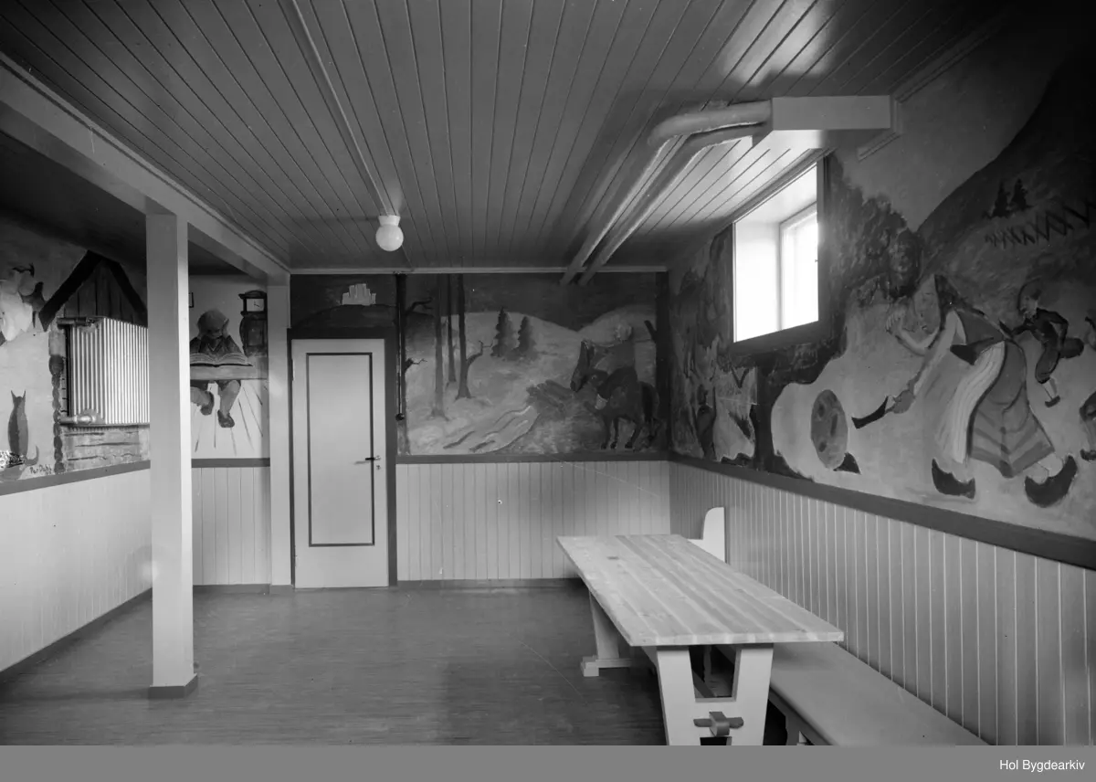 Interiør, Ustaoset Hotell, benk, veggmåleri,