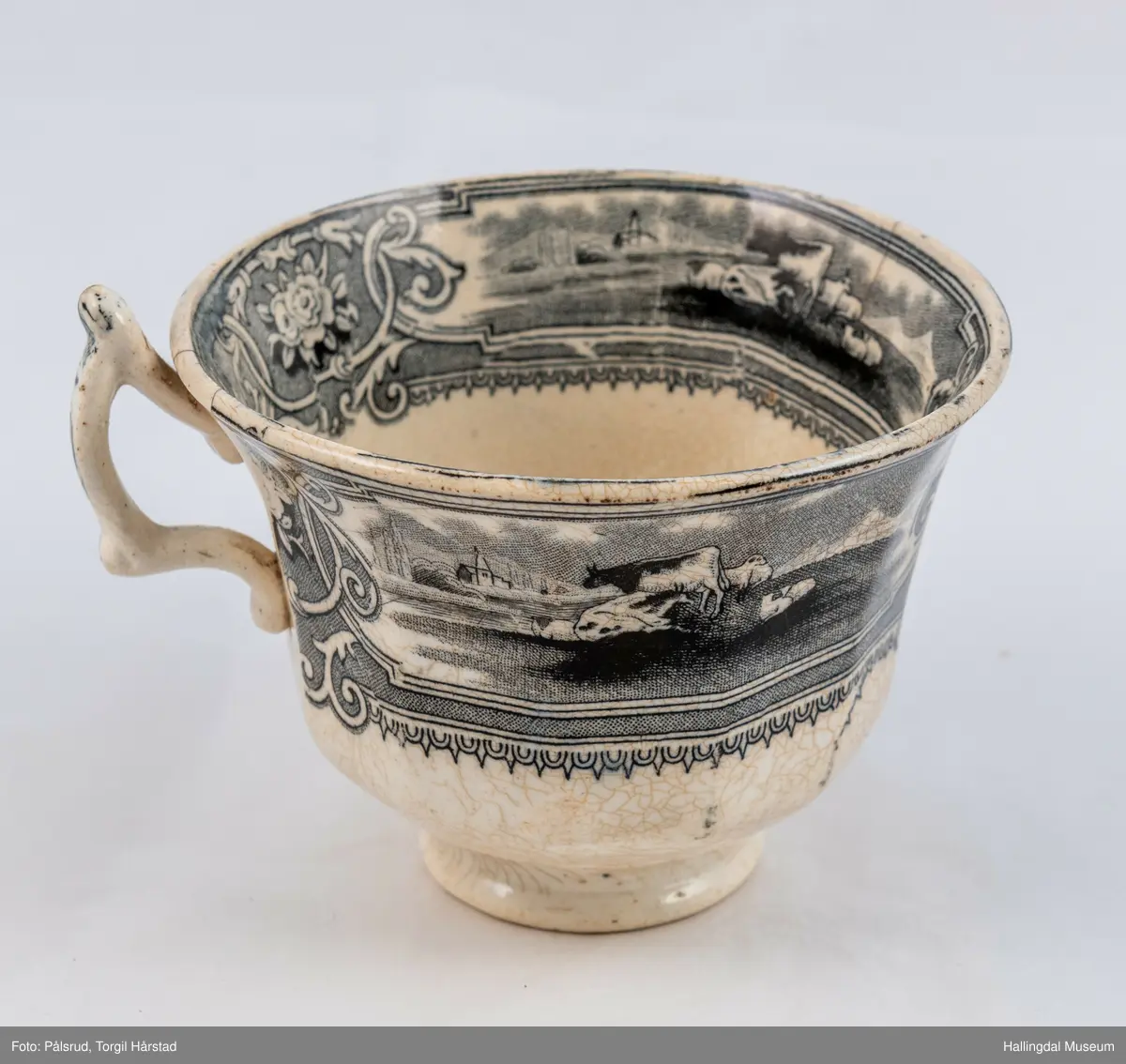 a) Kopp: Stentøy, hvit, liten. Markert fotring. Siden svunget. Utv. polygongal, trykte sorte dekorasjoner. I bunnen innv. landskap. langs randen innv. og utv. 2 blomsterornamenter og 2 felt med kuer og sauer i et slettelandskap. Sprukket.
b) Skål: Stentøy, hvt, rund. Forholdsvis dyp med skrå side. Siden samme dekor som koppen. I bunnen landskap med trær, vindmølle, rytter og kyr. Sprukket og limt. R.B.S.