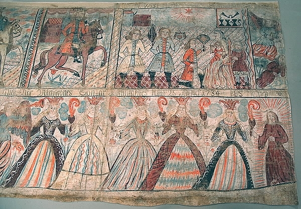 Uppfäst på textil i kanterna. Skuren både till höger och vänster. Bilder i två rader. Text: bara text i mitten kvar: "...warken dagh (?) heller (?) stund (?) när meniskones son är kommandes. Matth. 25. Anno 1734. PES. KID (?)". Det vill säga bröllopsgåva. Motiv överst: De tre vise männen, men en av ryttarna bortskuren. Till höger: De vise männen kommer ridande och uppvaktar Jesus, Maria och Josef. Längst till höger ängel och sovande man. Nederst: Jungfrurna. Två fåvitska jungfrur bortskurna. Ängel i mitten. Jesus till höger om de visa jungfrurna.