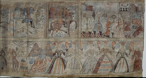 Uppfäst på textil i kanterna. Skuren både till höger och vänster. Bilder i två rader. Text: bara text i mitten kvar: "...warken dagh (?) heller (?) stund (?) när meniskones son är kommandes. Matth. 25. Anno 1734. PES. KID (?)". Det vill säga bröllopsgåva. Motiv överst: De tre vise männen, men en av ryttarna bortskuren. Till höger: De vise männen kommer ridande och uppvaktar Jesus, Maria och Josef. Längst till höger ängel och sovande man. Nederst: Jungfrurna. Två fåvitska jungfrur bortskurna. Ängel i mitten. Jesus till höger om de visa jungfrurna.