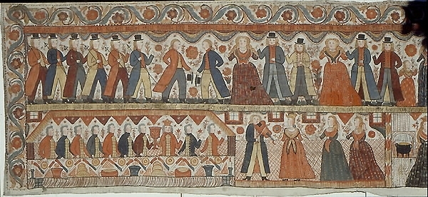 Textil med uppfästning på viss textil. Två bildrader.
Text överst: "Jacob haf upp sin ögon och såg sin broder Esau komma med fyra hundrade män. Och skifte sina barn til Lea och Rakel och til båda tiensteqinnorna. Och skickade tiensteqwinnorna med deras barn främst och Lea med sina barn der näst och Rachel med Joseph efteråt".
Nederst: "Konung Herodes giör ... på sin födelse dag och hans dotter dansar för honom, samlade andre herrar som med honom till bords suto och det behagade honom. 
Och herodes lofwade sin doter wad hon wille begära för dansen och hon begärde Johannes döpares hufwud på et fat".
Motiv överst, från vänster: Sex män med spjut, två män som tar av hatten för varandra, en kvinna, två män, en kvinna, två män, en flicka, en kvinna, tre män, tre pojkar, en kvinna, en pojke. Motiv nederst från vänster: En kung och nio män vid dukat bord, fiolspelare och tre kvinnor. Två kvinnor samt avhugget huvud. Kvinna och man samt avhugget huvud. Blombård både till vänster och höger samt upptill.