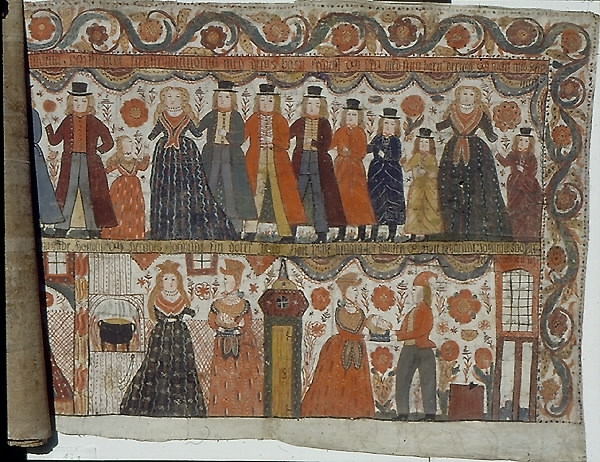 Textil med uppfästning på viss textil. Två bildrader.
Text överst: "Jacob haf upp sin ögon och såg sin broder Esau komma med fyra hundrade män. Och skifte sina barn til Lea och Rakel och til båda tiensteqinnorna. Och skickade tiensteqwinnorna med deras barn främst och Lea med sina barn der näst och Rachel med Joseph efteråt".
Nederst: "Konung Herodes giör ... på sin födelse dag och hans dotter dansar för honom, samlade andre herrar som med honom till bords suto och det behagade honom. 
Och herodes lofwade sin doter wad hon wille begära för dansen och hon begärde Johannes döpares hufwud på et fat".
Motiv överst, från vänster: Sex män med spjut, två män som tar av hatten för varandra, en kvinna, två män, en kvinna, två män, en flicka, en kvinna, tre män, tre pojkar, en kvinna, en pojke. Motiv nederst från vänster: En kung och nio män vid dukat bord, fiolspelare och tre kvinnor. Två kvinnor samt avhugget huvud. Kvinna och man samt avhugget huvud. Blombård både till vänster och höger samt upptill.