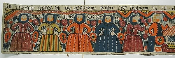 Text: "En natward reddes till och tienaren hasta dem Gudrom (?) än en gång at kalla till guds bord de fälte (?) då guds nåd och kallelse förkasta en till sin oxar(?) går en annan till sin jord, den tredje will sin lust hos nyia hustrun stilla och akta dig osiäl". Text i bilderna: "Halta och blinda har (=här?) går in". "Ack herre de wille icke komma", "Jag är bänd af min kärra", "Alt ting är nu redo", "Kommer till bröllop".Motiv:1. Fyra kvinnor (?) med kryckor och en utan kommer till vänster. Fyra kvinnor och två män vid dukat bord.2. Drottning och annan kvinna.3. Två män och två oxar (?)4. Två män.5. Två män och en kvinna.