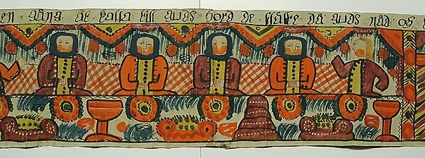 Text: "En natward reddes till och tienaren hasta dem Gudrom (?) än en gång at kalla till guds bord de fälte (?) då guds nåd och kallelse förkasta en till sin oxar(?) går en annan till sin jord, den tredje will sin lust hos nyia hustrun stilla och akta dig osiäl". Text i bilderna: "Halta och blinda har (=här?) går in". "Ack herre de wille icke komma", "Jag är bänd af min kärra", "Alt ting är nu redo", "Kommer till bröllop".Motiv:1. Fyra kvinnor (?) med kryckor och en utan kommer till vänster. Fyra kvinnor och två män vid dukat bord.2. Drottning och annan kvinna.3. Två män och två oxar (?)4. Två män.5. Två män och en kvinna.