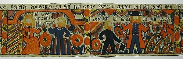 Text: "En natward reddes till och tienaren hasta dem Gudrom (?) än en gång at kalla till guds bord de fälte (?) då guds nåd och kallelse förkasta en till sin oxar(?) går en annan till sin jord, den tredje will sin lust hos nyia hustrun stilla och akta dig osiäl". Text i bilderna: "Halta och blinda har (=här?) går in". "Ack herre de wille icke komma", "Jag är bänd af min kärra", "Alt ting är nu redo", "Kommer till bröllop".Motiv:1. Fyra kvinnor (?) med kryckor och en utan kommer till vänster. Fyra kvinnor och två män vid dukat bord.2. Drottning och annan kvinna.3. Två män och två oxar (?)4. Två män.5. Två män och en kvinna.