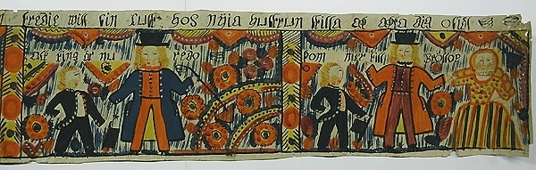 Text: "En natward reddes till och tienaren hasta dem Gudrom (?) än en gång at kalla till guds bord de fälte (?) då guds nåd och kallelse förkasta en till sin oxar(?) går en annan till sin jord, den tredje will sin lust hos nyia hustrun stilla och akta dig osiäl". Text i bilderna: "Halta och blinda har (=här?) går in". "Ack herre de wille icke komma", "Jag är bänd af min kärra", "Alt ting är nu redo", "Kommer till bröllop".Motiv:1. Fyra kvinnor (?) med kryckor och en utan kommer till vänster. Fyra kvinnor och två män vid dukat bord.2. Drottning och annan kvinna.3. Två män och två oxar (?)4. Två män.5. Två män och en kvinna.