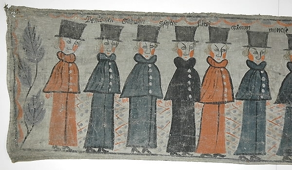 Text i bilderna: "Beniamin, Sabuton, Isaskar, Lihol (?), Simon, Manne, Cad, Neptasai, Ruben, Aser, Juda, Jachop". "Tå spänd Josep för sin wang och for ut emot sin fader och sina bröder, 1 Mosebok 46 Kap." "Betienter, konung Dario (?), Daniel i Lions kula".Motiv:1. Josef med häst och kärra möter sina elva bröder och fader.2. Två män till vänster. David omgiven av sju lejon till höger om hus.