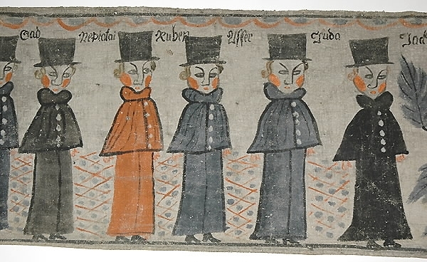 Text i bilderna: "Beniamin, Sabuton, Isaskar, Lihol (?), Simon, Manne, Cad, Neptasai, Ruben, Aser, Juda, Jachop". "Tå spänd Josep för sin wang och for ut emot sin fader och sina bröder, 1 Mosebok 46 Kap." "Betienter, konung Dario (?), Daniel i Lions kula".Motiv:1. Josef med häst och kärra möter sina elva bröder och fader.2. Två män till vänster. David omgiven av sju lejon till höger om hus.