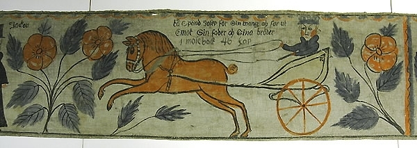 Text i bilderna: "Beniamin, Sabuton, Isaskar, Lihol (?), Simon, Manne, Cad, Neptasai, Ruben, Aser, Juda, Jachop". "Tå spänd Josep för sin wang och for ut emot sin fader och sina bröder, 1 Mosebok 46 Kap." "Betienter, konung Dario (?), Daniel i Lions kula".Motiv:1. Josef med häst och kärra möter sina elva bröder och fader.2. Två män till vänster. David omgiven av sju lejon till höger om hus.