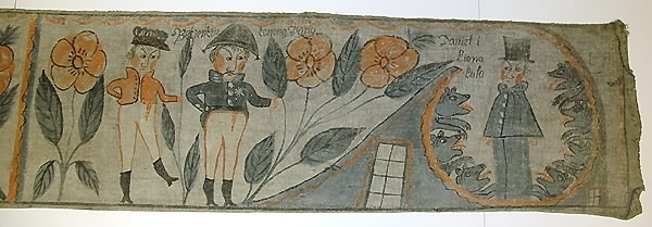 Text i bilderna: "Beniamin, Sabuton, Isaskar, Lihol (?), Simon, Manne, Cad, Neptasai, Ruben, Aser, Juda, Jachop". "Tå spänd Josep för sin wang och for ut emot sin fader och sina bröder, 1 Mosebok 46 Kap." "Betienter, konung Dario (?), Daniel i Lions kula".Motiv:1. Josef med häst och kärra möter sina elva bröder och fader.2. Två män till vänster. David omgiven av sju lejon till höger om hus.