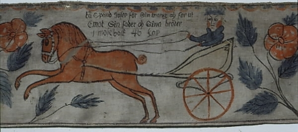 Text i bilderna: "Beniamin, Sabuton, Isaskar, Lihol (?), Simon, Manne, Cad, Neptasai, Ruben, Aser, Juda, Jachop". "Tå spänd Josep för sin wang och for ut emot sin fader och sina bröder, 1 Mosebok 46 Kap." "Betienter, konung Dario (?), Daniel i Lions kula".Motiv:1. Josef med häst och kärra möter sina elva bröder och fader.2. Två män till vänster. David omgiven av sju lejon till höger om hus.