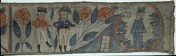 Text i bilderna: "Beniamin, Sabuton, Isaskar, Lihol (?), Simon, Manne, Cad, Neptasai, Ruben, Aser, Juda, Jachop". "Tå spänd Josep för sin wang och for ut emot sin fader och sina bröder, 1 Mosebok 46 Kap." "Betienter, konung Dario (?), Daniel i Lions kula".Motiv:1. Josef med häst och kärra möter sina elva bröder och fader.2. Två män till vänster. David omgiven av sju lejon till höger om hus.