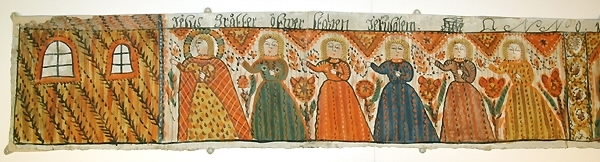 Bonad målad på papper. Motiv: Jesus gråter över staden Jerusalem mm.

Text: Anno 1844. Jesus gråter över staden Juersalem. Jesus bad i Örtagården och svettas blod och Gwad (=det blev) blodbad. Matteus 26 kap. (se Matt 26:38-42 och även Luk 22:44). Om de tre männen i den brinnande ugnen. Dan 3 kap. Om den samaritiska kvinnan. Joh 4 kap.