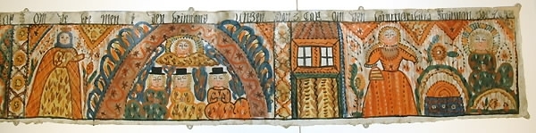 Bonad målad på papper. Motiv: Jesus gråter över staden Jerusalem mm.

Text: Anno 1844. Jesus gråter över staden Juersalem. Jesus bad i Örtagården och svettas blod och Gwad (=det blev) blodbad. Matteus 26 kap. (se Matt 26:38-42 och även Luk 22:44). Om de tre männen i den brinnande ugnen. Dan 3 kap. Om den samaritiska kvinnan. Joh 4 kap.