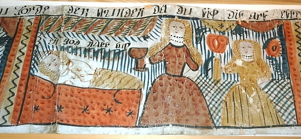 Förlorade sonen. Text: "...Bekänn hwad du gorde...En god natt sup..." Motiv: a) Farväl till fadern. b) Fest med kvinnor. c) En godnatt sup. d) Kvinnorna kör ut honom. e) Han vaktar svinen. f) Sonen välkomnas åter hos den gamle fadern. Bonad målad av okänd från Sunnerbo. Samma motiv som bonad Inv.nr. 043473 (nr. 34), men konstnären ser motivet som mer moraliserande.