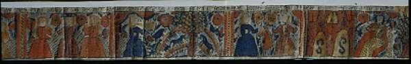 Förlorade sonen. Text: "...Bekänn hwad du gorde...En god natt sup..." Motiv: a) Farväl till fadern. b) Fest med kvinnor. c) En godnatt sup. d) Kvinnorna kör ut honom. e) Han vaktar svinen. f) Sonen välkomnas åter hos den gamle fadern. Bonad målad av okänd från Sunnerbo. Samma motiv som bonad Inv.nr. 043473 (nr. 34), men konstnären ser motivet som mer moraliserande.