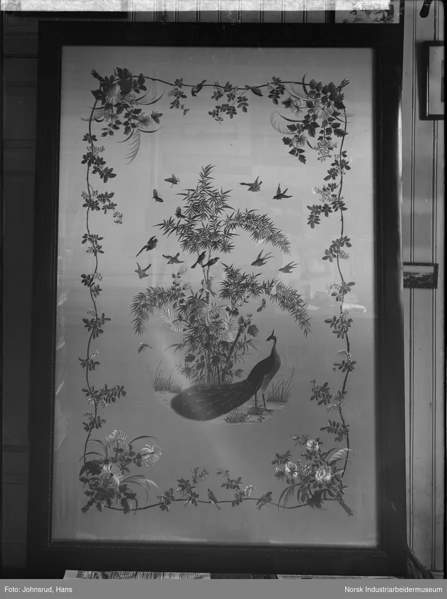 Avfotografert maleri med småfugler og påfugl i motivet. Maleriet er innrammet med en tykk mørk ramme.