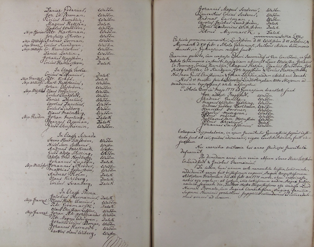 Rudbeckianska skolan i Västerås elevlängd 1770-1779.