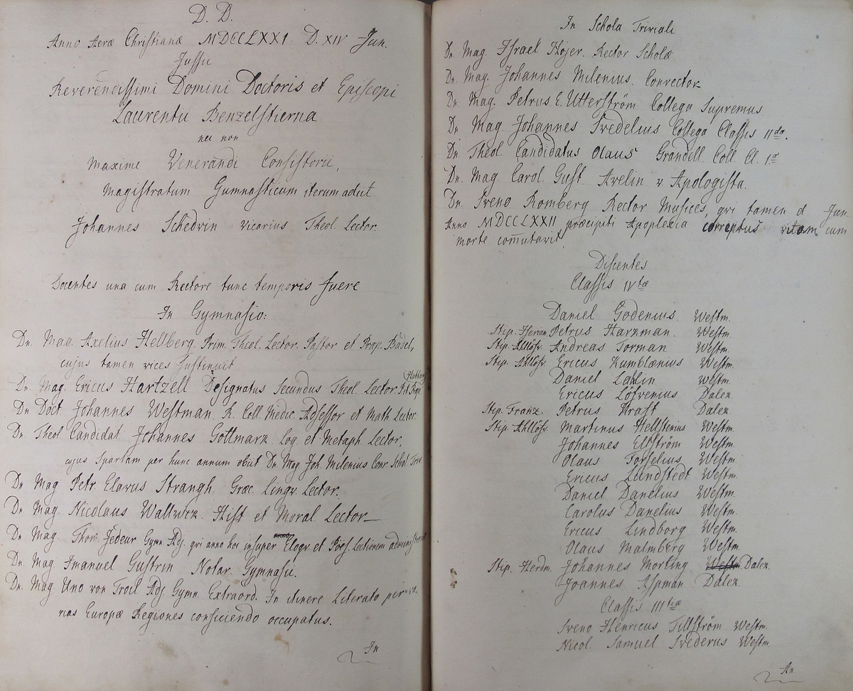 Rudbeckianska skolan i Västerås elevlängd 1770-1779.