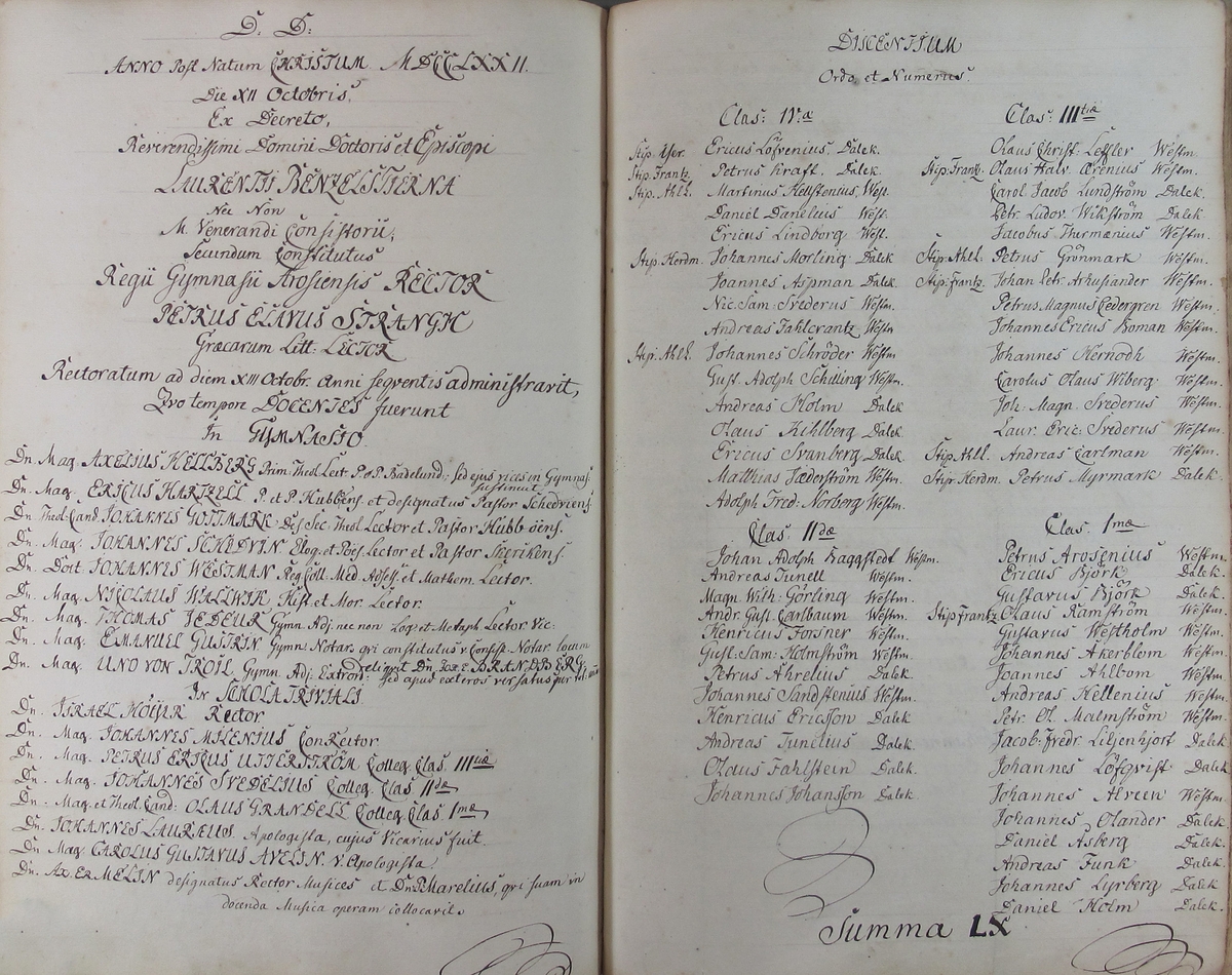 Rudbeckianska skolan i Västerås elevlängd 1770-1779.