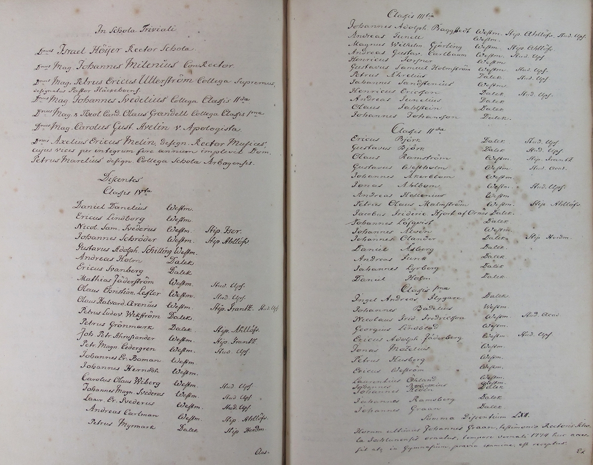 Rudbeckianska skolan i Västerås elevlängd 1770-1779.