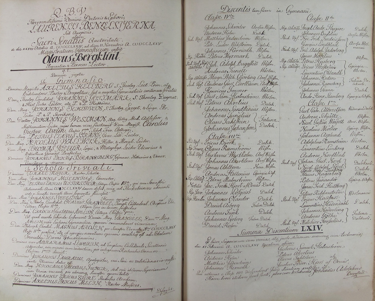 Rudbeckianska skolan i Västerås elevlängd 1770-1779.