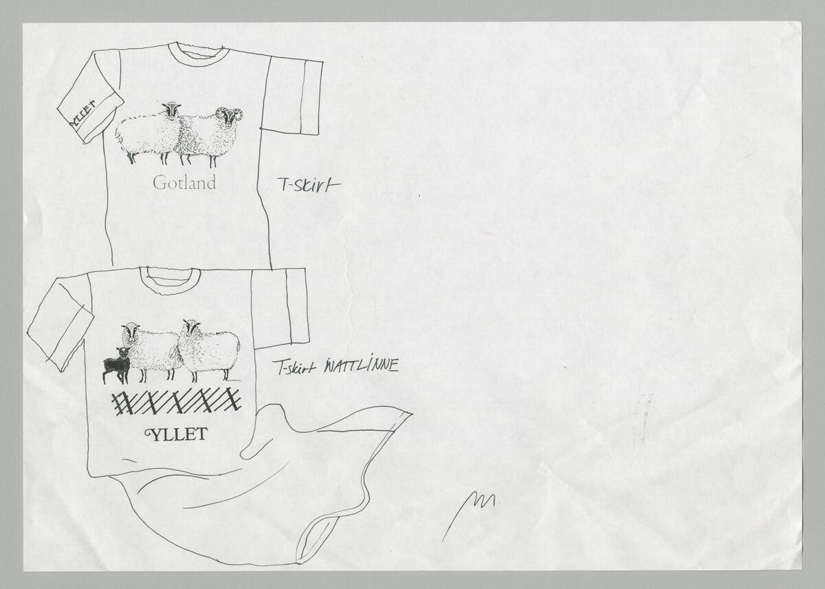 Skiss till en t-shirt och ett nattlinne i t-shirtmodell, med tryck framtill. T-shirten har två får med texten "Gotland" under, samt texten "Yllet" på höger ärm. Nattlinnet har tre får bakom ett staket med texten "Yllet" under.  