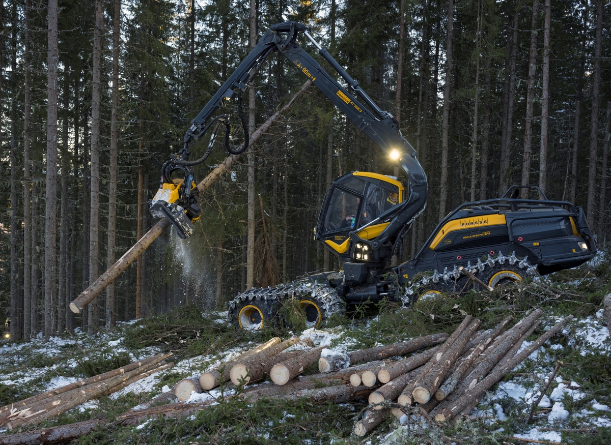 Skogsdrift. Bildet er tatt litt vest for Fallsyringsbakken i Åstdalen, Åmot kommune, Innlandet. Hogstmaskin i arbeid.