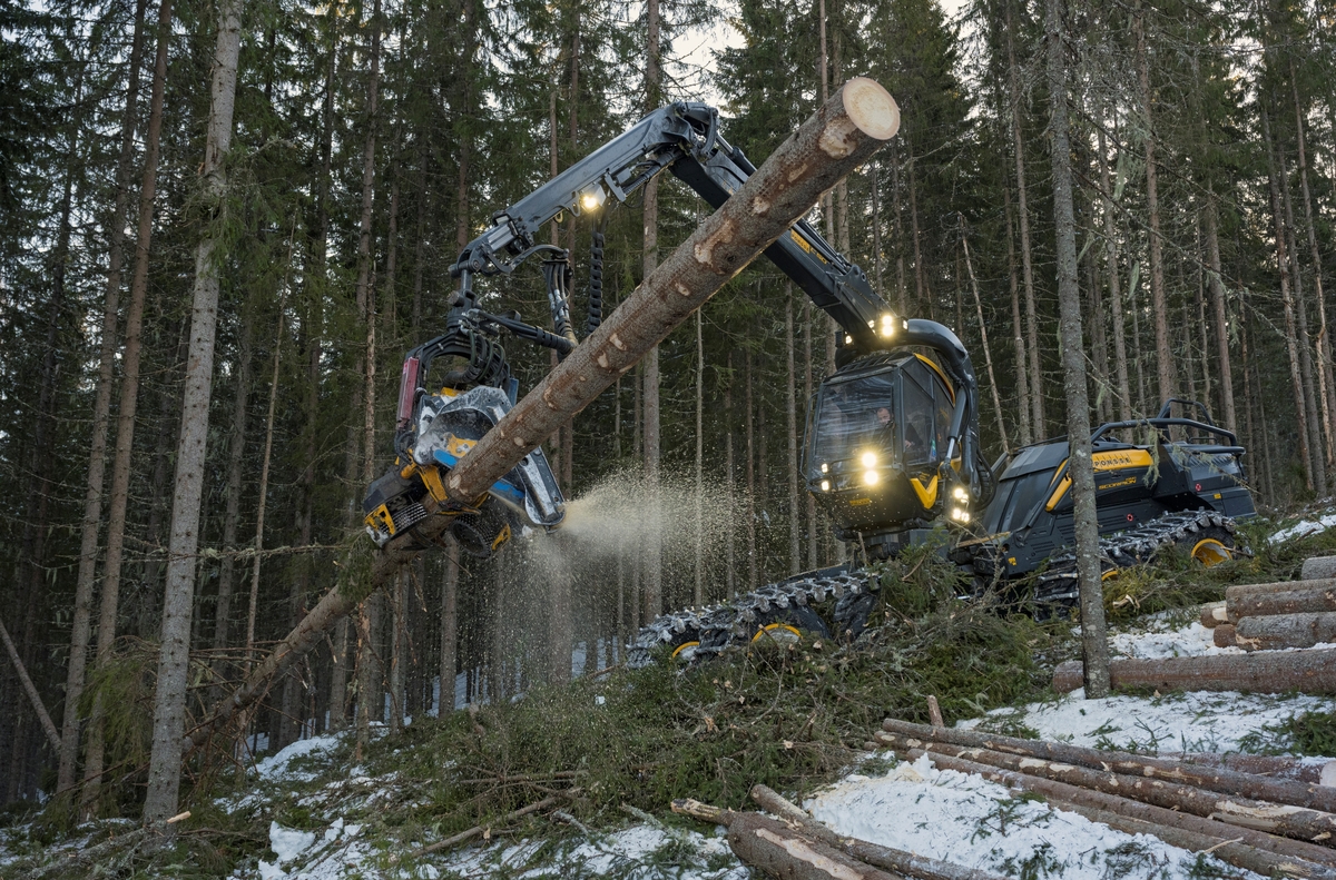 Skogsdrift. Bildet er tatt litt vest for Fallsyringsbakken i Åstdalen, Åmot kommune, Innlandet. Hogstmaskin i arbeid.