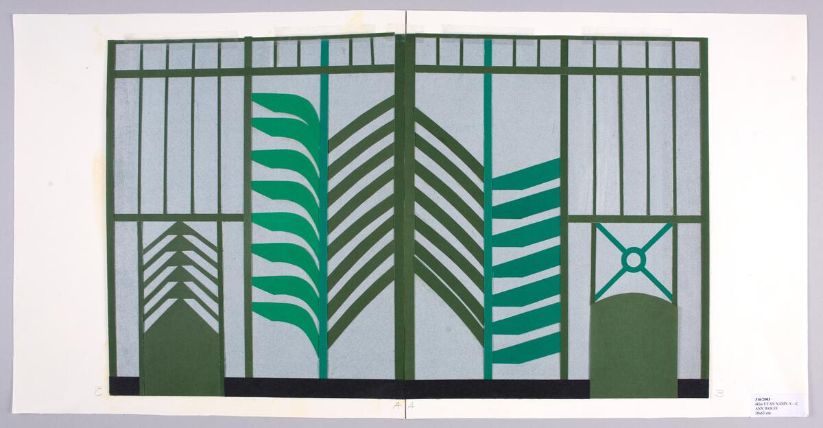 Skiss med breda och smala ränder. Collage av färgat papper, monterad, noteringar med versaler B,A,A,C. Skissen hopteipad av två delar.