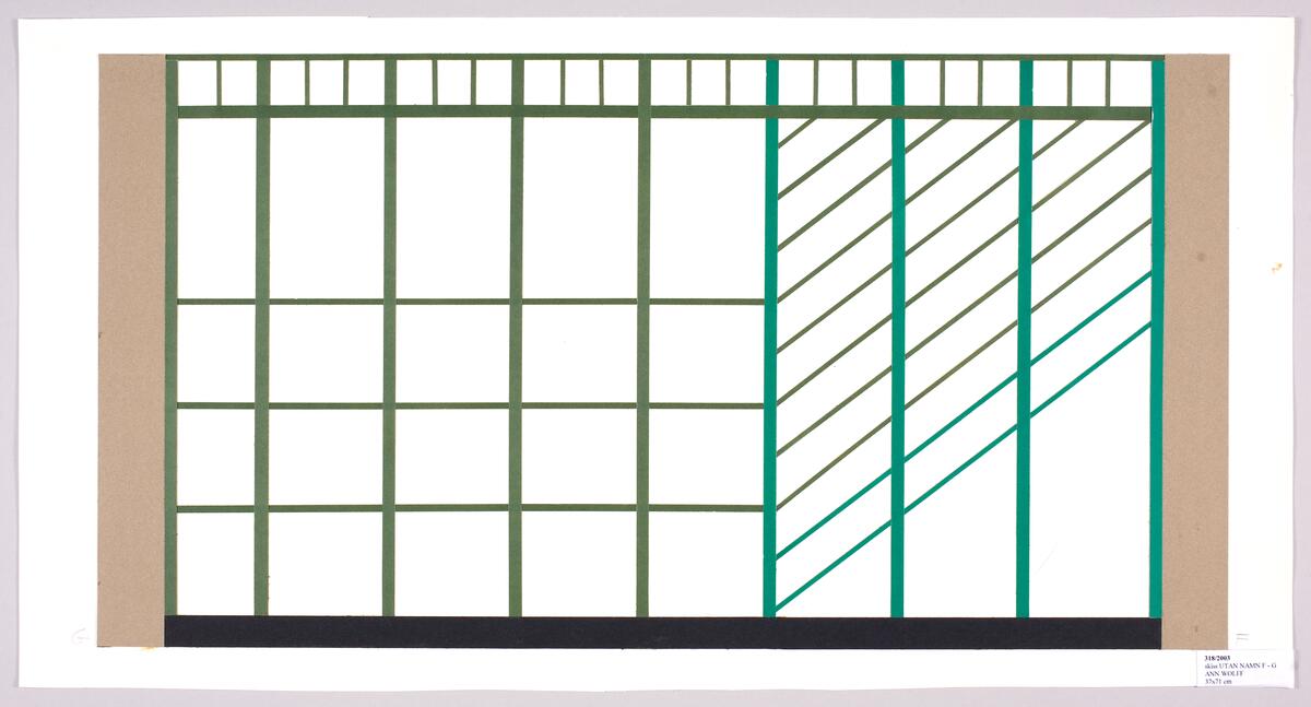 Vit botten med mörkgröna och gröna ränder i rutor och diagonaler. Collage av färgat papper, monterat, noterat med versaler F G.