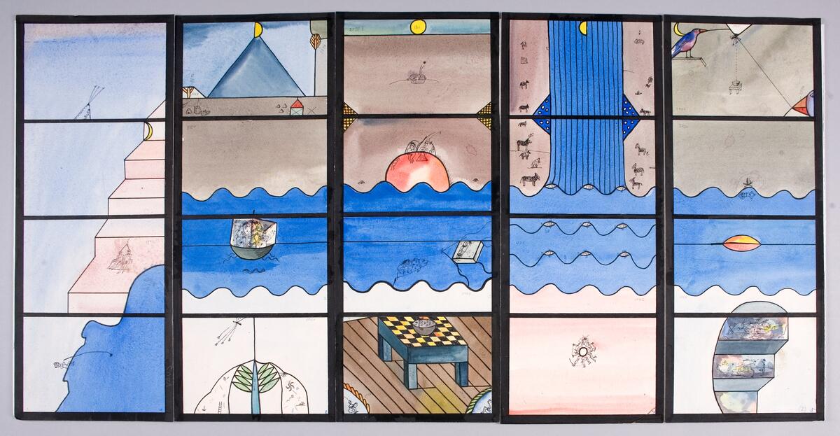 Skisserna, 5 st, indelade i fyra rutor med olika strand och vatten motiv. Sammonterad i nummerordning.