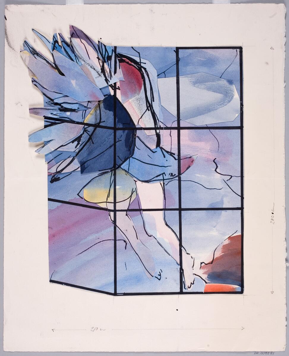 Skiss för utsmyckning av Växjö konserthus  flygande figur med vingar utanför ett spröjsat fönster. Brev, ritningar, foto