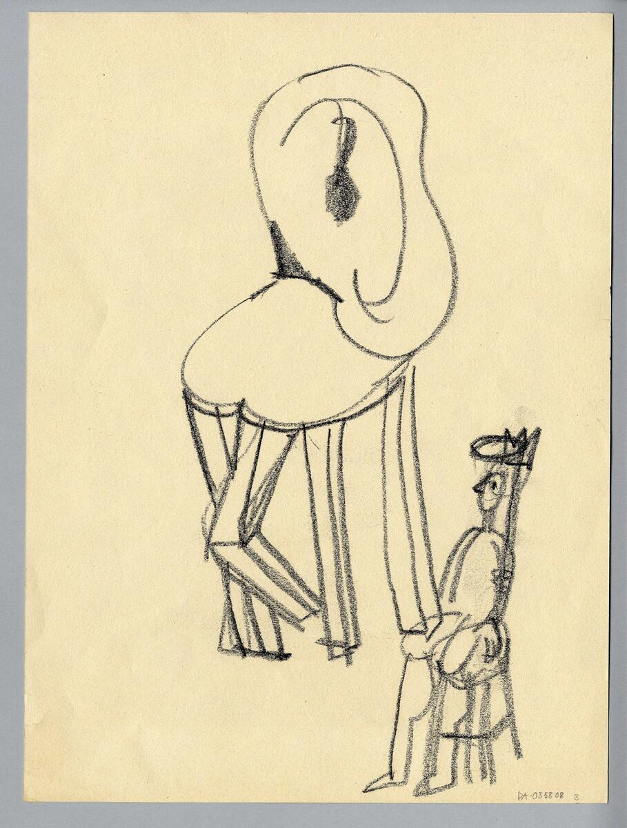 Tre stolar: på framsidan stol med hästhuvud och tyglar framme på sitsen, på baksidan en stol med ryggstödet som ett stort öra och med ett ben som "knäar" något, och stol med en krona och en gloria högt upp på ryggstödet och en person som sitter på stolen  