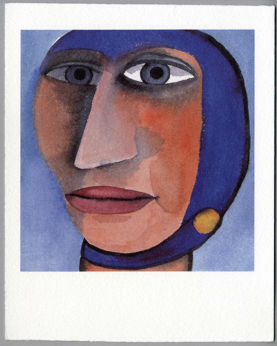 Tryck efter akvarell med ett kvinnohuvud med blå bakgrund, blå huvudbonad och gul knapp