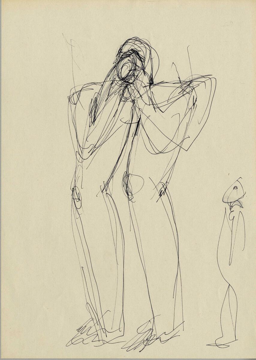 Idéförslag till skulpturtävlingen "Budkaveln kommer, budkaveln går" i Växjö på den forna kaserngården I 11 Kronobergarnas regemente .En människa håller händerna som en lur framför munnen  