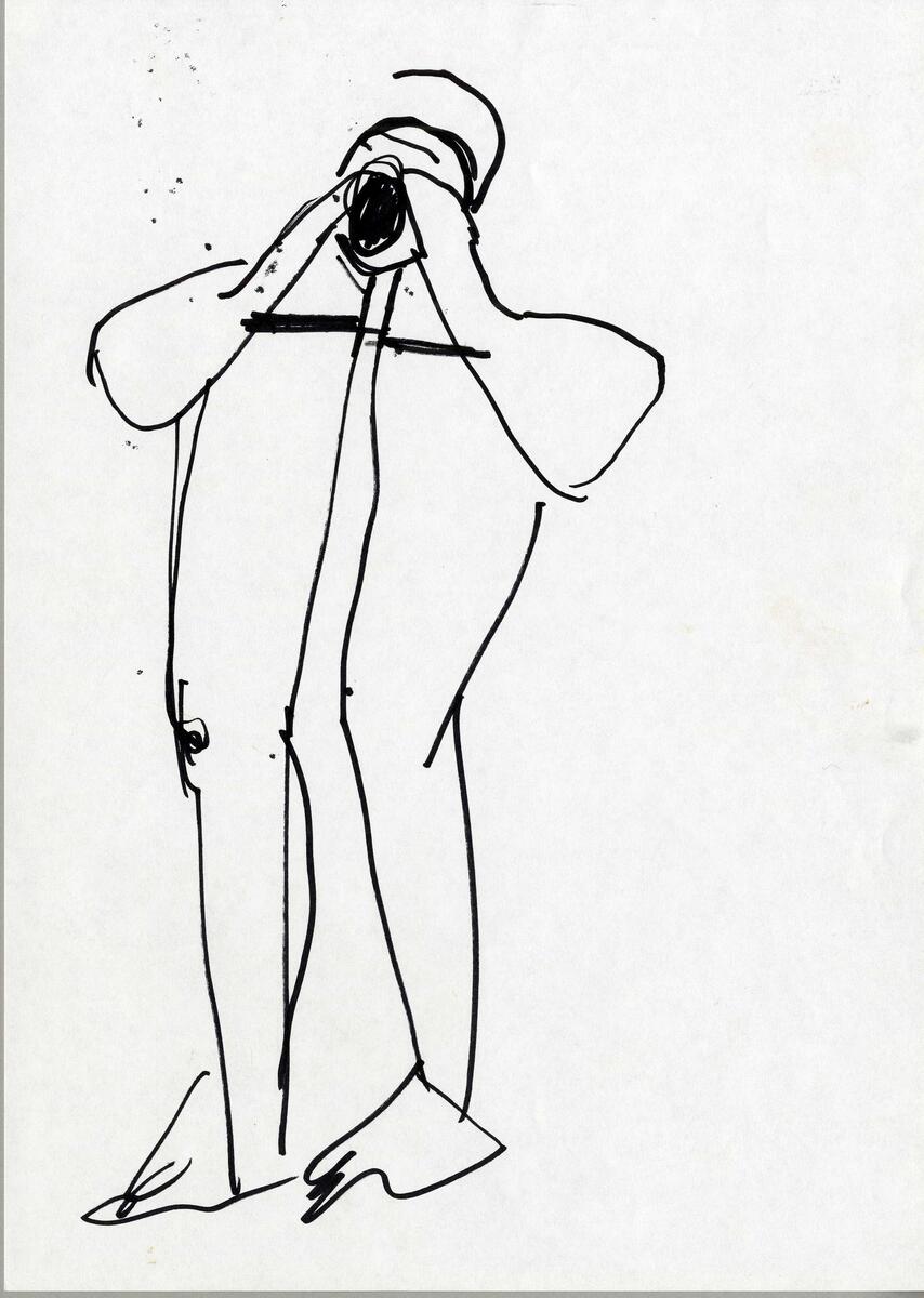 Idéförslag till skulpturtävlingen "Budkaveln kommer, budkaveln går" i Växjö på den forna kaserngården I 11 Kronobergarnas regemente. En människa står med händerna som en lur framför munnen  