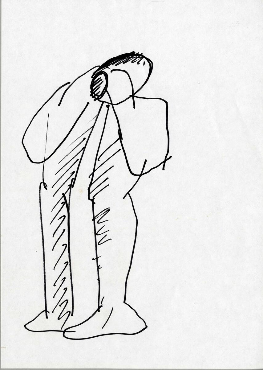 Idéförslag till skulpturtävlingen "Budkaveln kommer, budkaveln går" i Växjö på den forna kaserngården I 11 Kronobergarnas regemente. En människa står med händerna som en lur framför munnen  