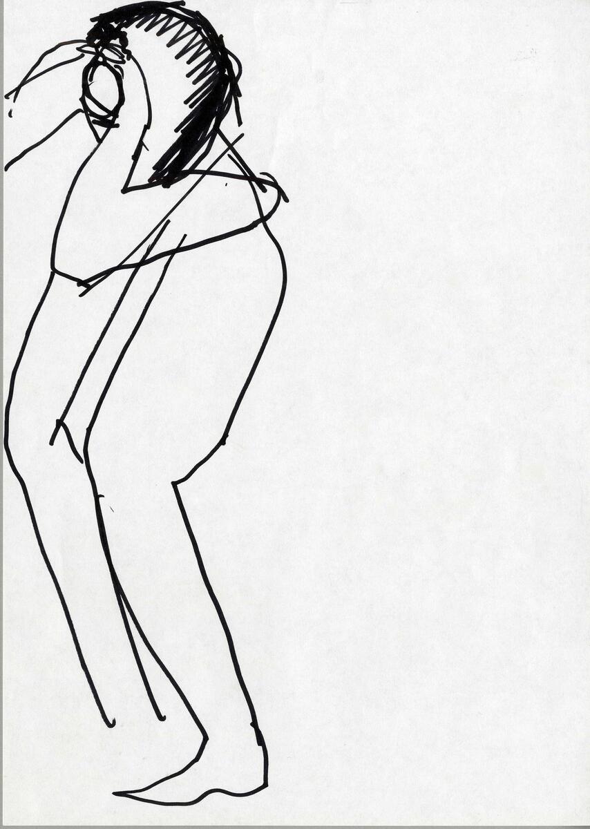 Idéförslag till skulpturtävlingen "Budkaveln kommer, budkaveln går" i Växjö på den forna kaserngården I 11 Kronobergarnas regemente. En människa står med händerna som en lur framför munnen  