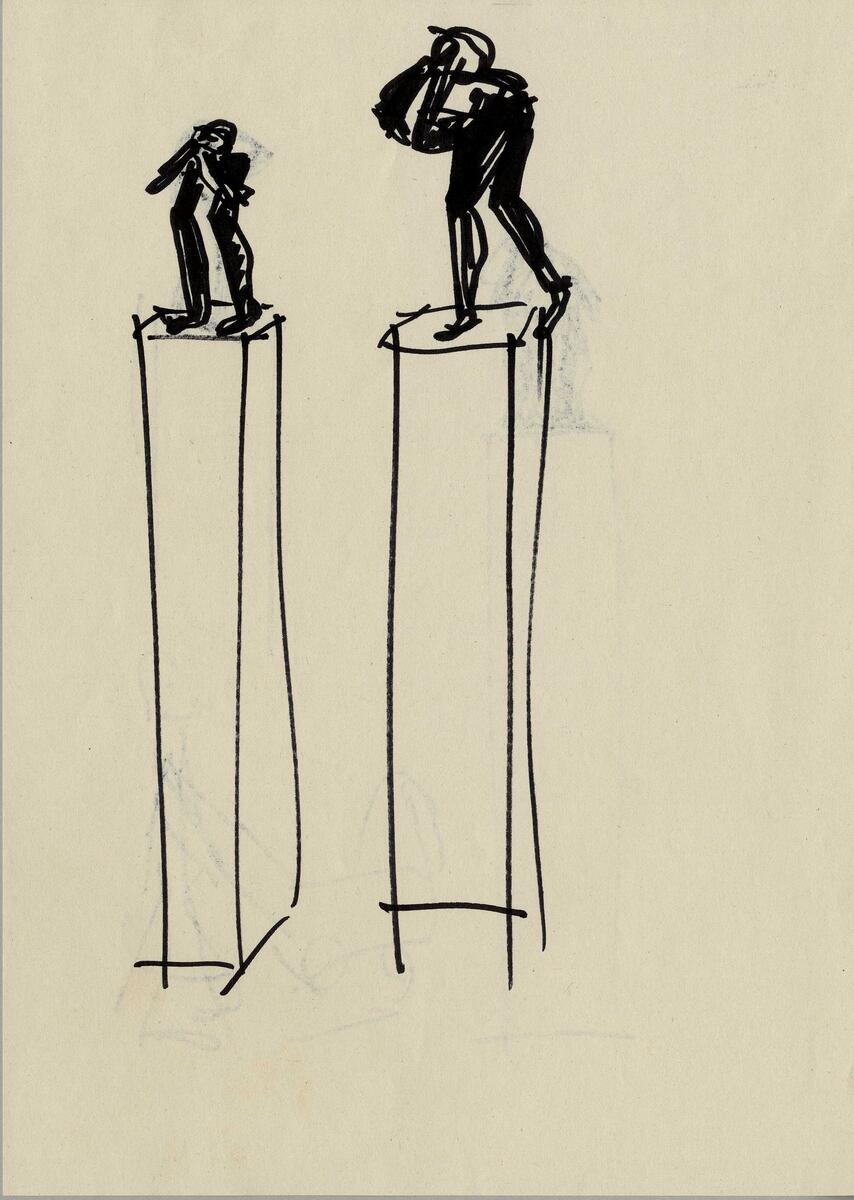 Idéförslag  till skulpturtävlingen "Budkaveln kommer, budkaveln går" i Växjö på den forna kaserngården I 11 Kronobergarnas regemente. Skulpturer på podier  