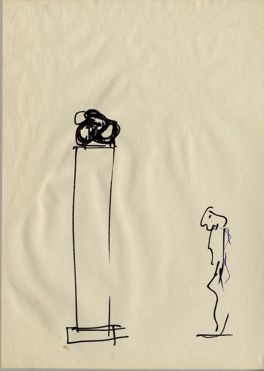 Idéförslag  till skulpturtävlingen "Budkaveln kommer, budkaveln går" i Växjö på den forna kaserngården I 11 Kronobergarnas regemente. Skulpturer på podier  