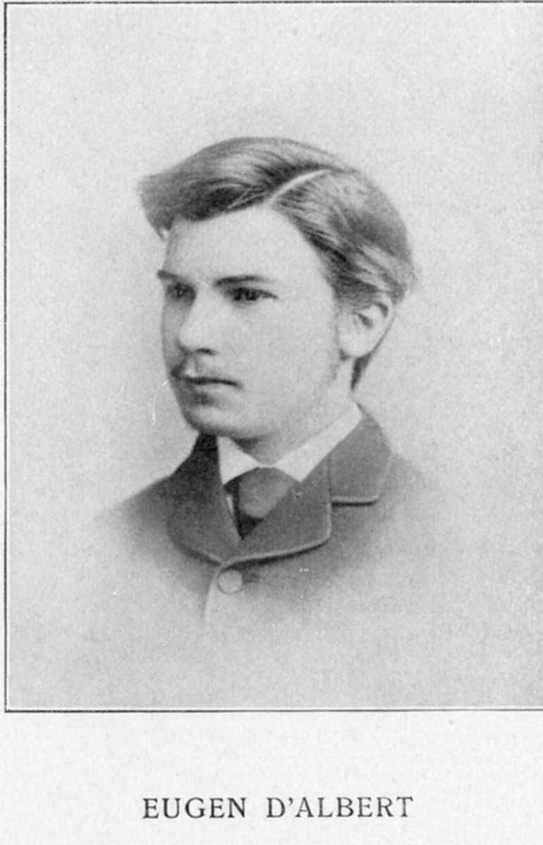 Ti ulike foto, tegninger og trykk som viser Eugen d`Albert.