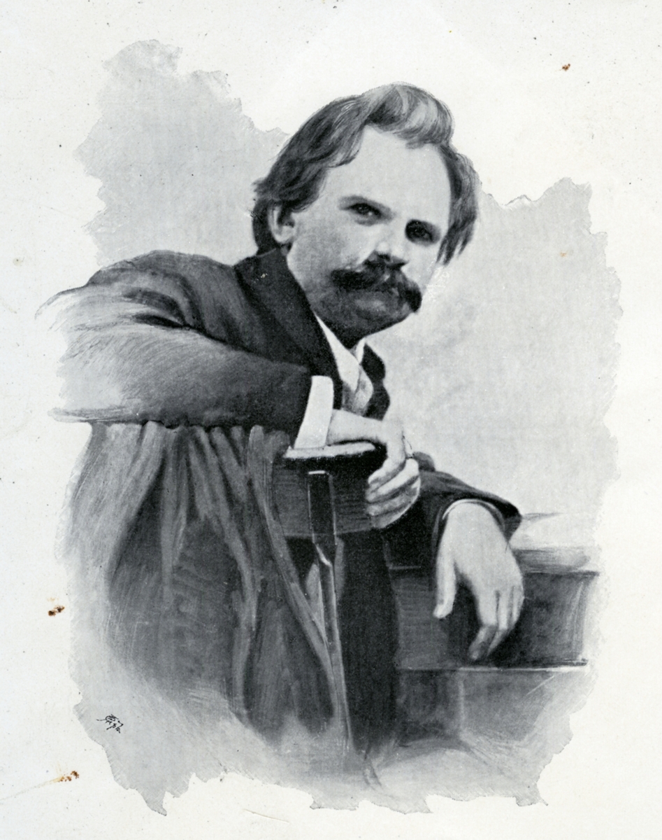 Ti ulike foto, tegninger og trykk som viser Eugen d`Albert.